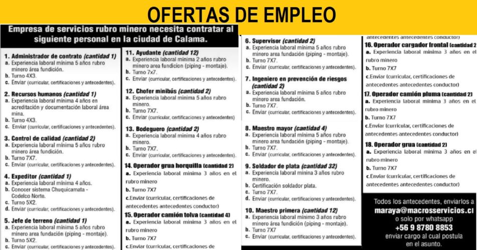 OFERTAS DE EMPLEO CONTRATA EN CIUDAD DE CALAMA